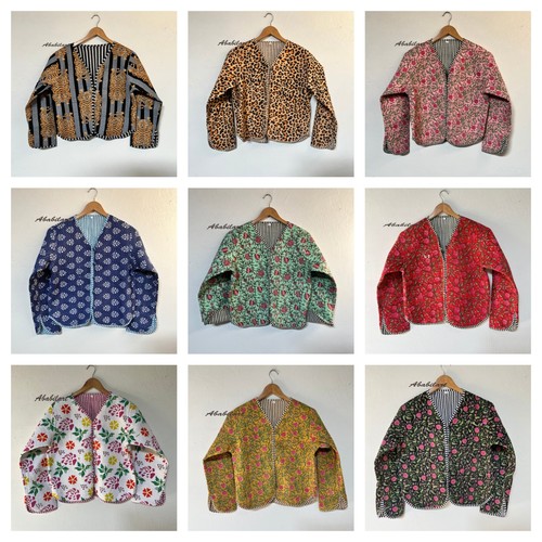 Indische Boho-Steppjacke Blumenmuster Baumwolle Vintage Wende V-Ausschnitt