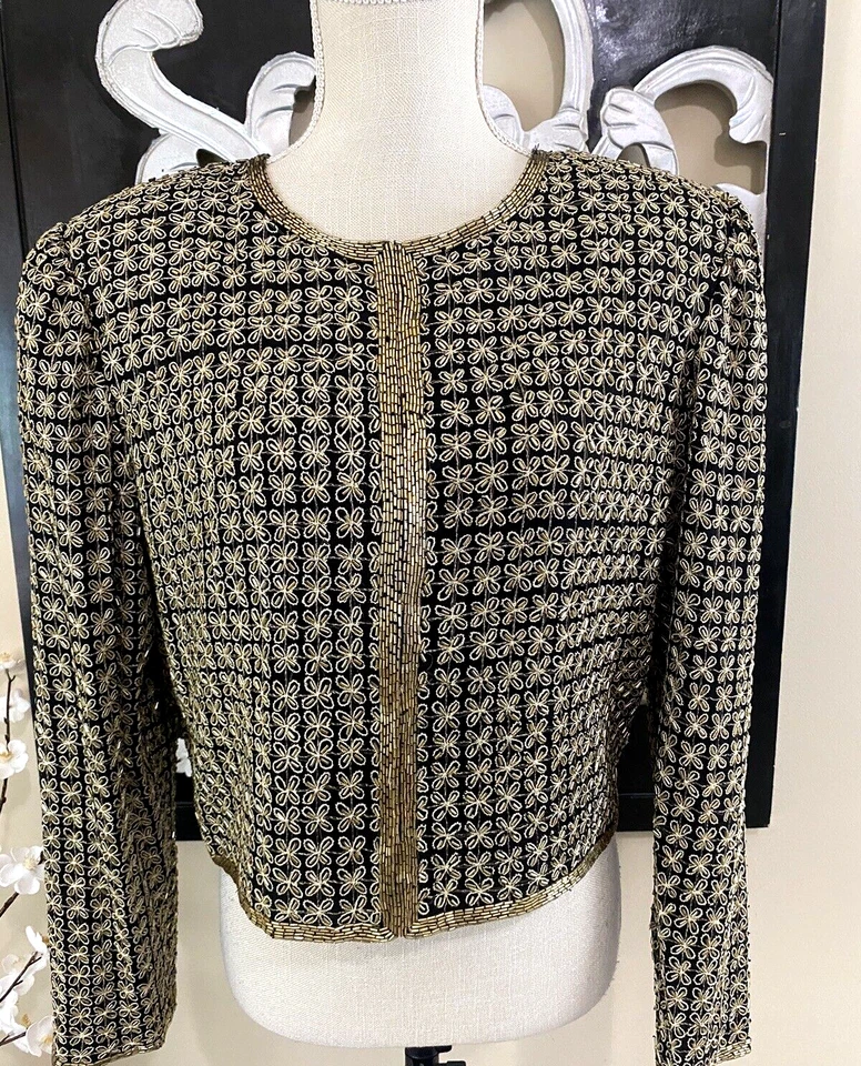 LAURENCE KAZAR VTG Silk Gold Embroidered Beaded Cropped Cocktail Jacket PL - Image 3 of 4