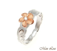 925 Silver Rhodium Hawaiian Scroll Pink Rose Gold CZ Plumeria Flower Ring 1-10