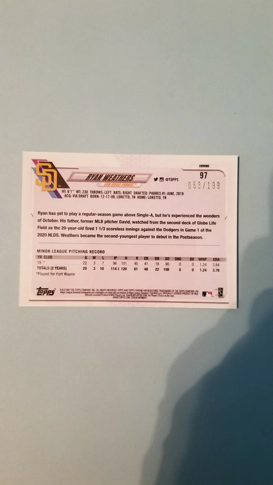 2021 Topps Chrome Ryan Weathers Aqua #'d 53/199 - Image 2 of 3