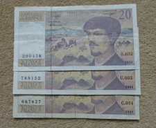 Lot x3 French 20 Francs 1991 O.032 U.032 C.034 Debussy France
