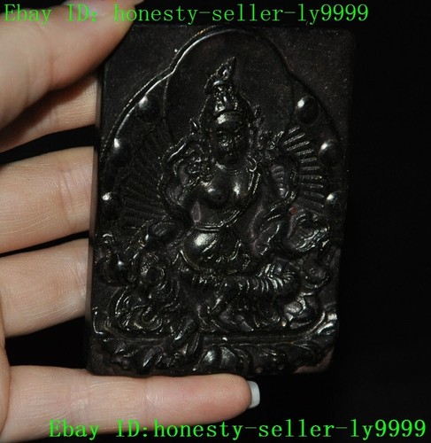 2.8" China Tibetan Buddhism Old black jade wealth Yellow Jambhala statue pendant - Picture 2 of 6