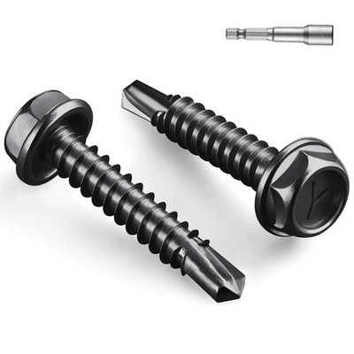 50 PCS #10x1'' Black Self Tapping Screws 410 Stainless Steel Hex Washer Head