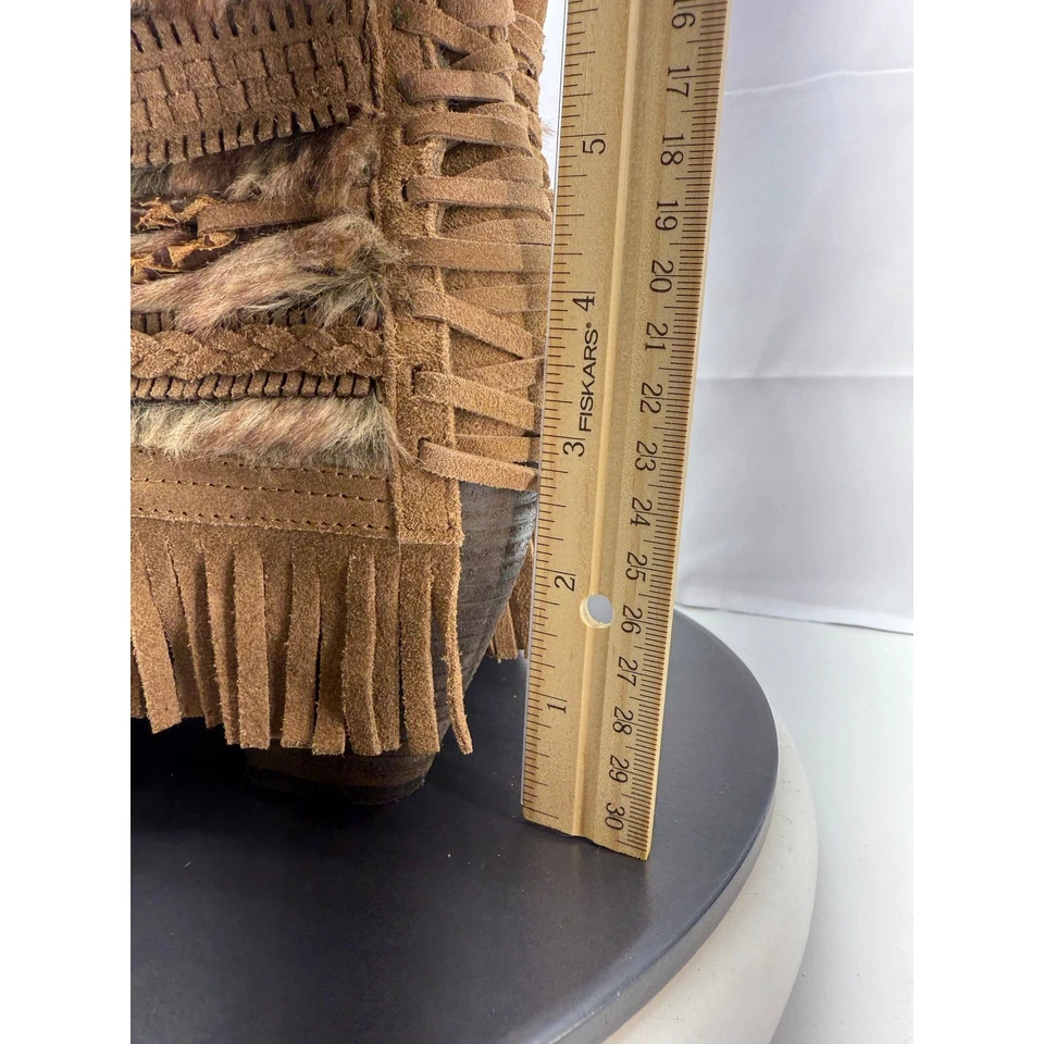 Naughty Monkey Womens Size 7 Brown Suede Fringe Stud Boho Faux Fur Ankle Boots - Image 2 of 4