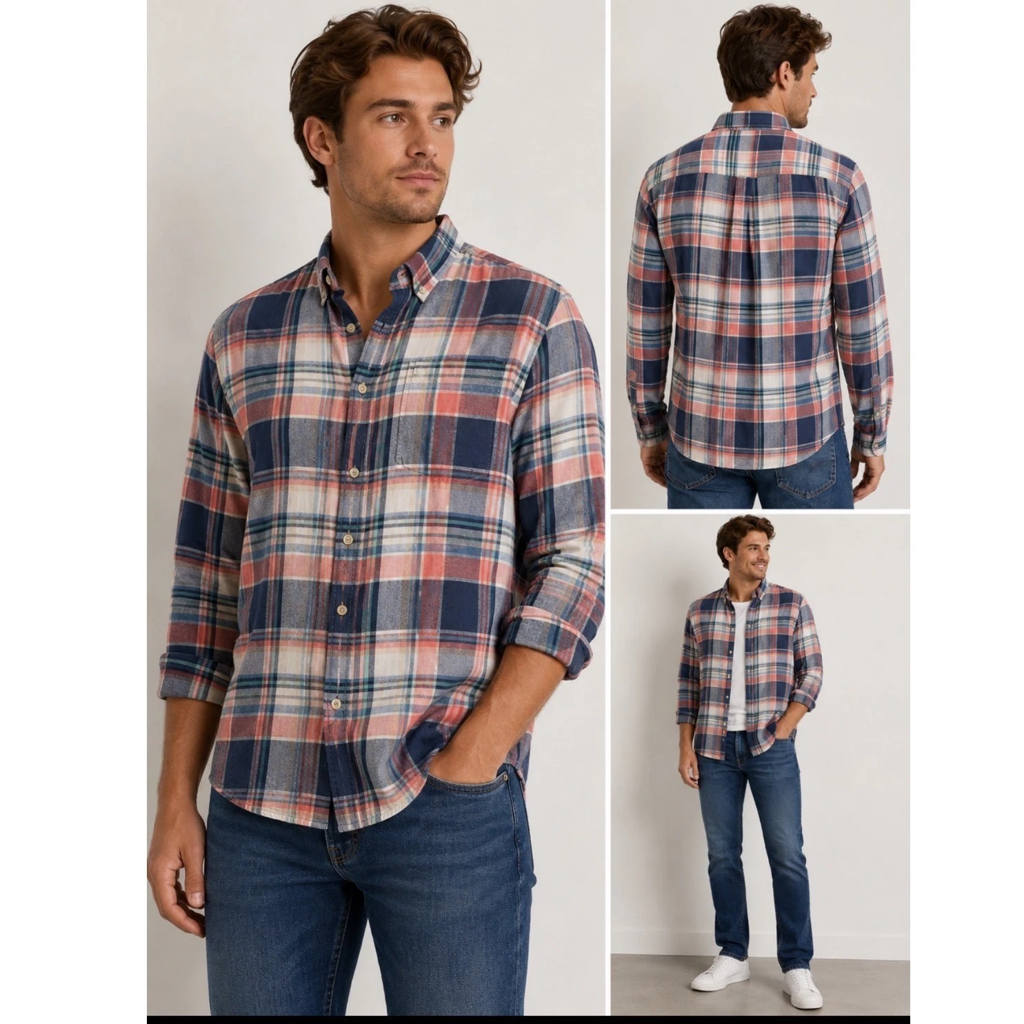 American Eagle Seriously Soft Plaid Shirt Mens Large Linen Cotton Button Down L