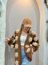 Crochet Flower Cardigan, Oversized Granny Square Knit Jumper, Brown Rose Knitwea