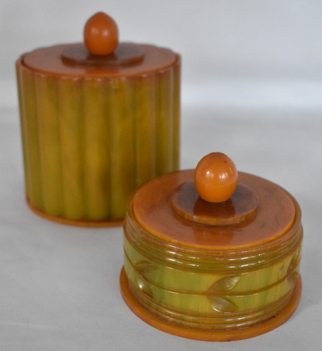 Set of 2 Marbled Green Butterscotch Catalin Bakelite Dresser Vanity Lidded Box