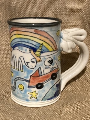 Tom Edwards pottery mug, farting unicorn making magic fuel for electric cars