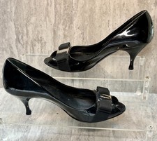 Salvatore Ferragamo Black Patent Leather Bow Open Toe Heels Pumps Sz 7B