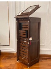 Brown Wood Sewing Cabinet Storage Box w/ Drawers & Lift-Top Flip Lid