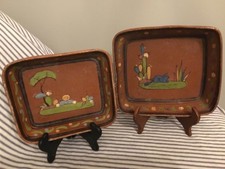 Pr WORN CHIPPY 1940s Mexican Tlaquepaque NESTING TRAYS Folk Art 9x9.5/7.5x8.5
