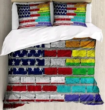Pride Duvet Cover Set, Grunge Dark Brick Rainbow  Wall American Flag King Size