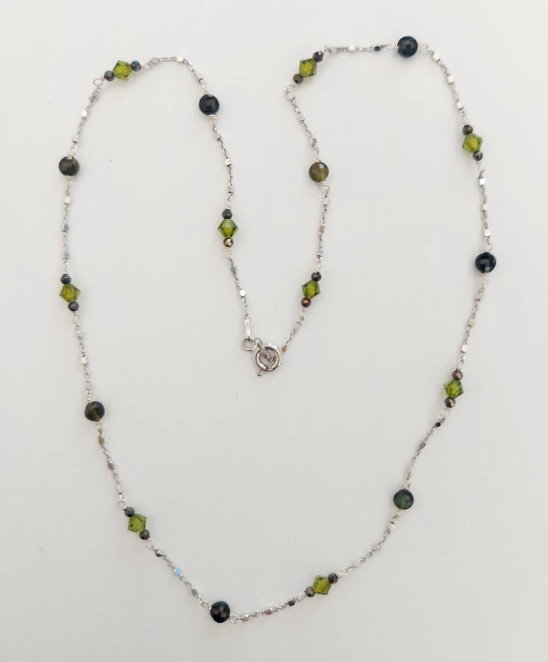 Collana in argento 925 con tormalina nera sfaccettata cristalli verdi e pirite - Immagine 2 di 4