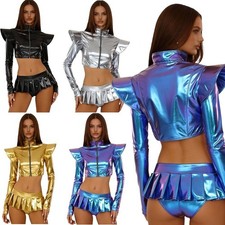 Women's Holographic Metal Suit Disco Dance Costume Alien Cosplay Outfit Clubwear