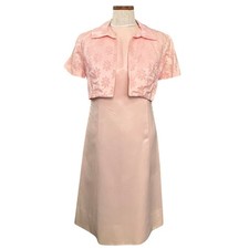 Vintage 50s Pink Satin Dress Bolero Set L Floral Brocade Cocktail Party Formal