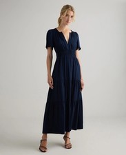 Quince Washable Stretch Silk Tiered Maxi Dress Womens S Navy 90% Silk Pockets