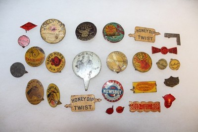 tobacco tags value COLLECTION 26 DIFFERENT ANTIQUE TOBACCO TIN TAGS