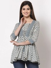 Indian Women Cotton Cream  Blue Ethnic Motifs Printed Kurta Kurti Top Tunic