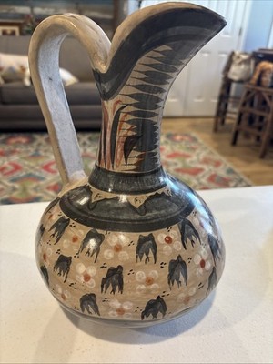Vintage Tonala Mexico Pottery Pitcher   Hand Painted Birds & Flowers   10''