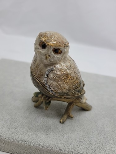 Enamel Metal Jewel Owl Figurine Trinket Box 3.5" Hing Broke