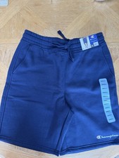 Champion Men  s Navy Cotton Fleece Athletic Shorts Flat Front Drawstring Logo S