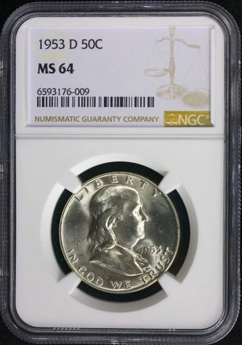 1953-D 50C Franklin  Silver Half Dollar NGC Certified MS-64