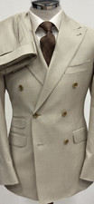Beige houndstooth double breasted luxury wool suit