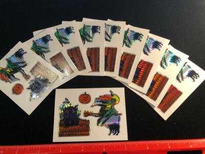 10 Count NEW ''Halloween'' Prismatic Foil Sticker Sheet - Witch Pumpkin Black Cat
