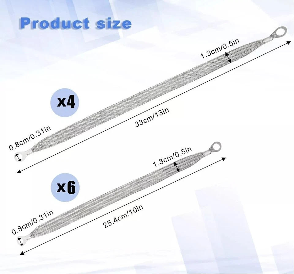 Kit de correa de tierra automotriz universal plana trenzada 6 piezas 10"x 1/2" 4 piezas 13"x 1/2" Foto 2 de 4