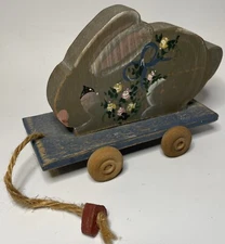 Folk Art Bunny On Cart Wooden Painted Easter/Spring Decor