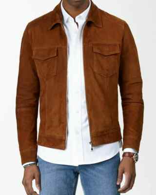 Men Tan Suede Leather Jacket 100% Soft Lambskin Suede Made To Measure Jacket