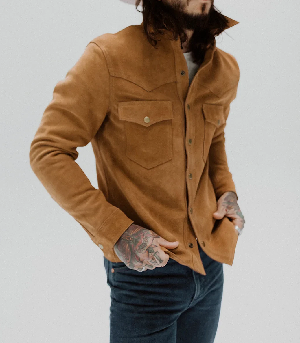 Suede Shirt Jacket for Men Brown Custom Made Size XS S M L XXL 3XL