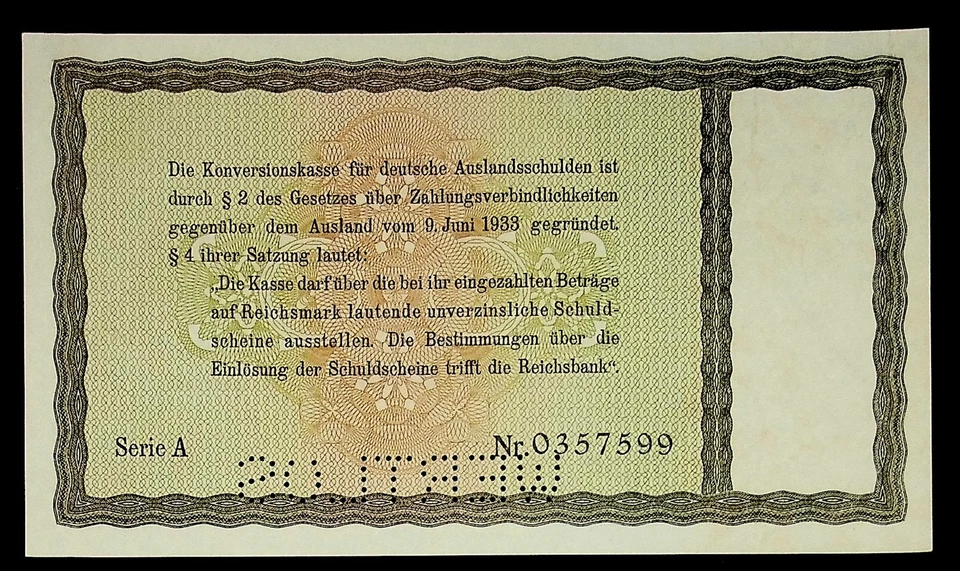1933 Germany Foreign Debt 5 Reichsmark Banknote UNC Specimen - Image 2 of 2