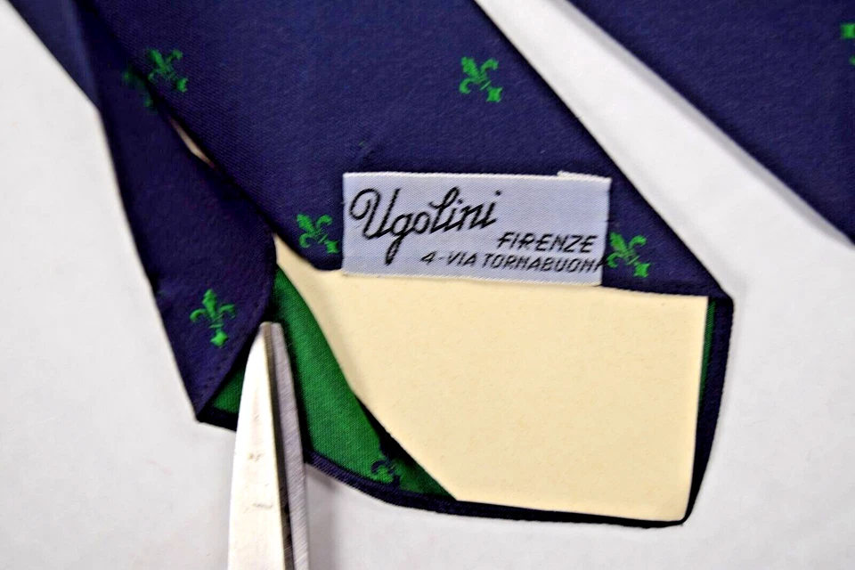 Neck Tie VTG Ugolini 60s French Green Fleur de lis Blue Jacquard 50.5" x 2" New - Image 3 of 4