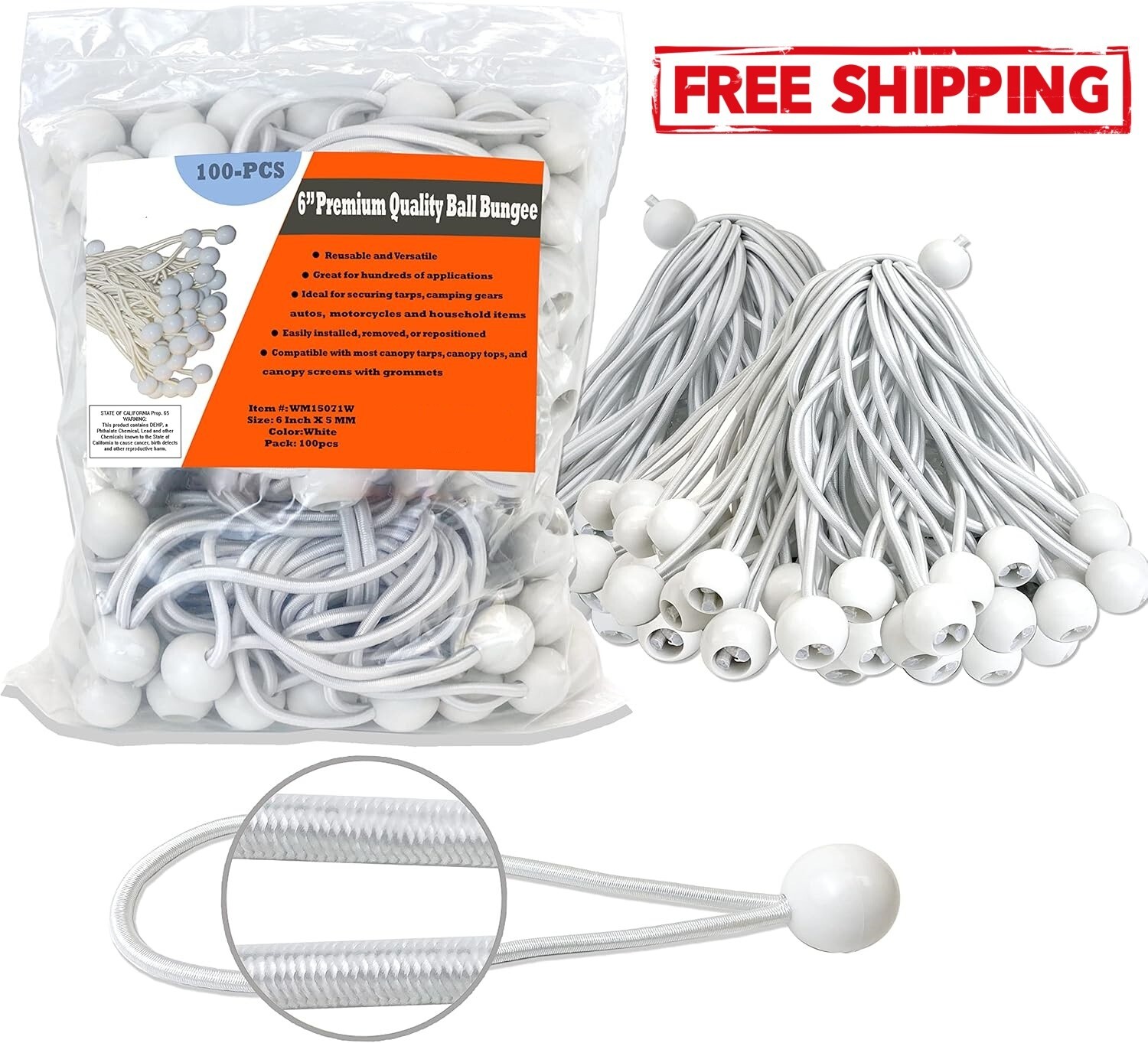 Cuerda elástica resistente de 5 mm para toldo, funcional, 100 unidades, blanco
