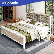 King Size Metal Bed Frame Farmhouse Wooden Storage Headboard with Power Outlets