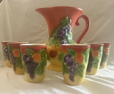 Vintage Bern Pitcher Red Yellow Czech Ditmar Urbach Fruit 1.5 Qt 6 Juice Glasses
