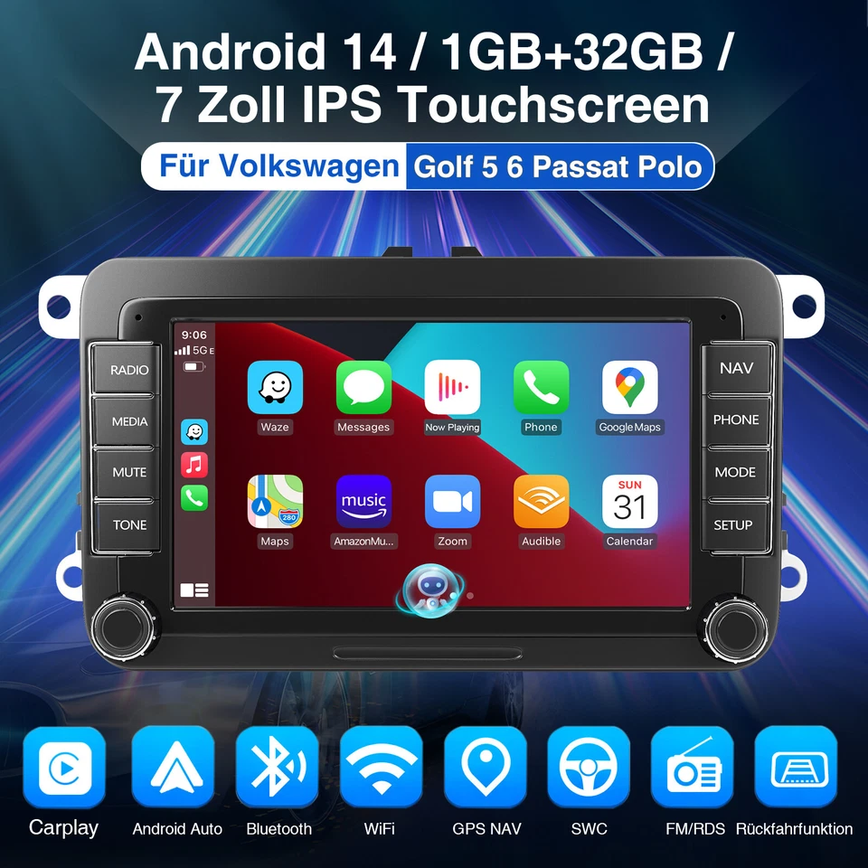 7" Autoradio DAB+ Cartplay Android 14 GPS Kam Für VW GOLF 5 Passat Tiguan Caddy - Bild 2 von 4