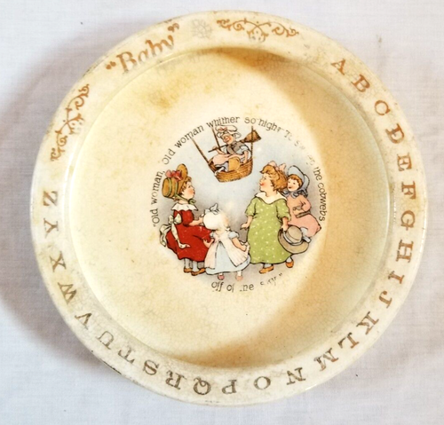 7.5" Infant Baby Alphabet Bowl Dish Nusery Rhyme Picture Antique VTG Ceramic - Foto 1 di 6