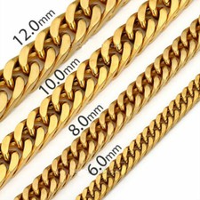 6/8/10/12/14mm Mens Boys 316L Stainless Steel 18K Gold Curb Cuban Chain Necklace