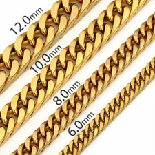 6/8/10/12/14mm Mens Boys 316L Stainless Steel 18K Gold Curb Cuban Chain Necklace