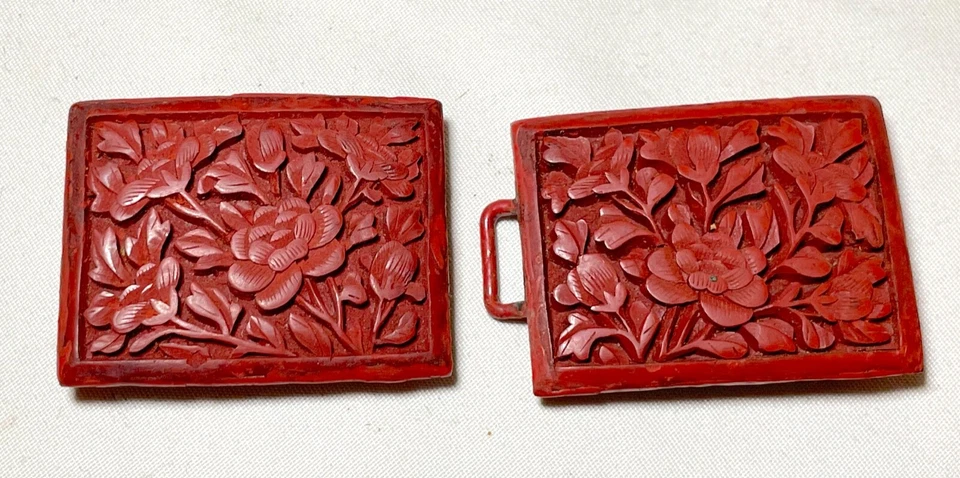 антикварная китайская резная лакированная прямоугольная пряжка ремня 1800-х годов ручной работы из киновари - Изображение 3 из 4