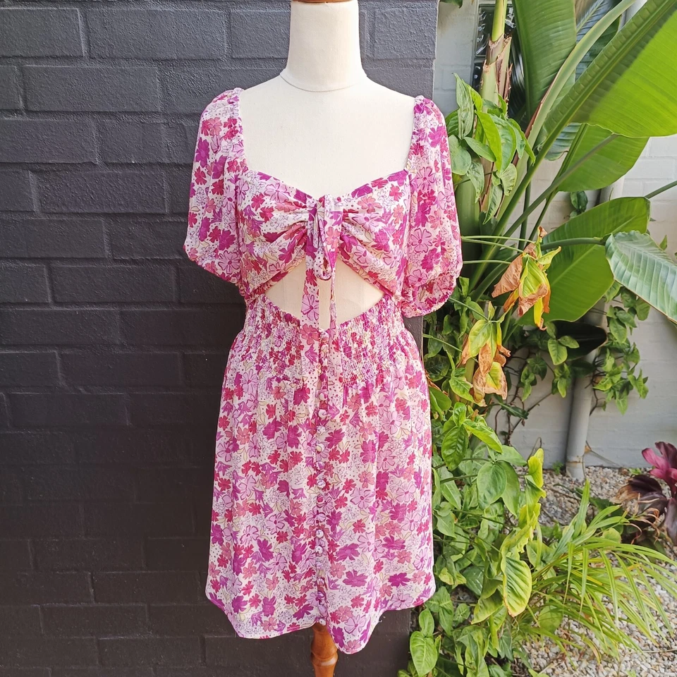 NEW Sabo Pink Floral Andie Halter Puff Sleeve Cut Out Short Dress Size M AU 10 - image 4 of 4