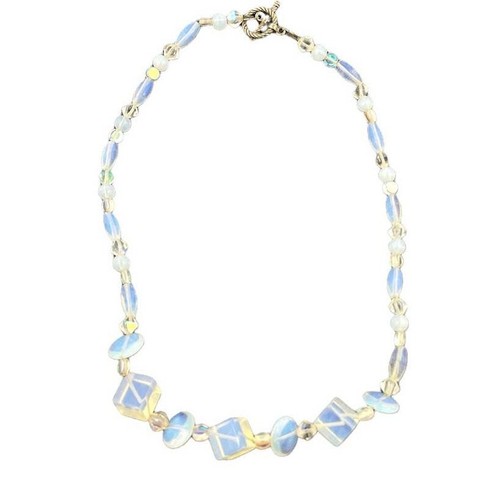 Moonstone Glass Chunky Beaded Necklace Iridescent Cube Silver Tone 16" - Picture 2 of 16