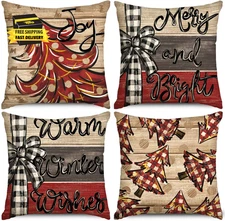 Christmas Pillow Covers18X18Inch, Red Xmas Trees Buffalo Plaid Throw Pillow Case
