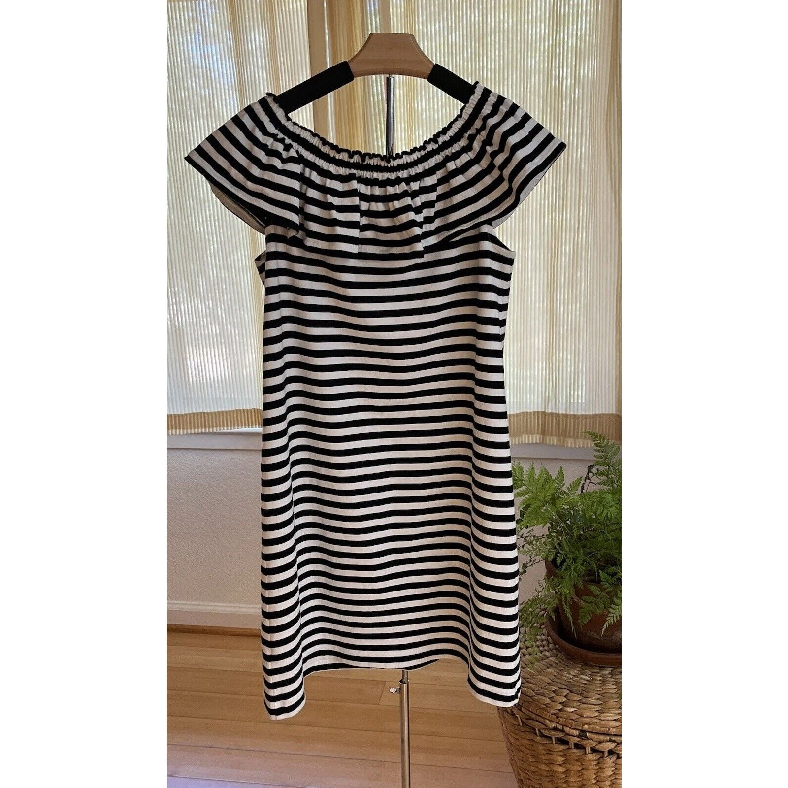 Mini abito estivo Kate Spade nero bianco a righe spalle scoperte in cotone XS