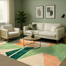 Geometric Modern Low-Pile Area Rug Green Orange Beige Machine Washable Rectangle