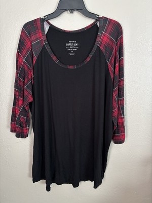 Torrid Super Soft Raglan Plaid Sleeve Top Women s 4X Plus Size Red/Black