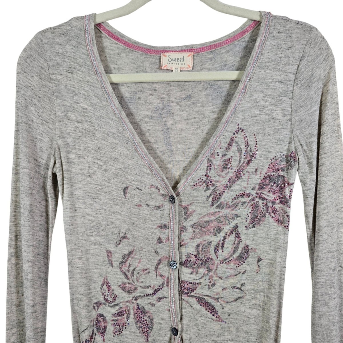 Y2K Sweet by Miss Me Womens Gray Pink Rhinestone Bling 3 Button Long Sleeve XS View 3