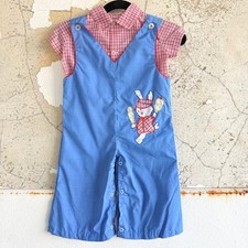 Vintage Overall Romper Gingham Shirt Set Embroidered Bunny Playsuit 18 Months